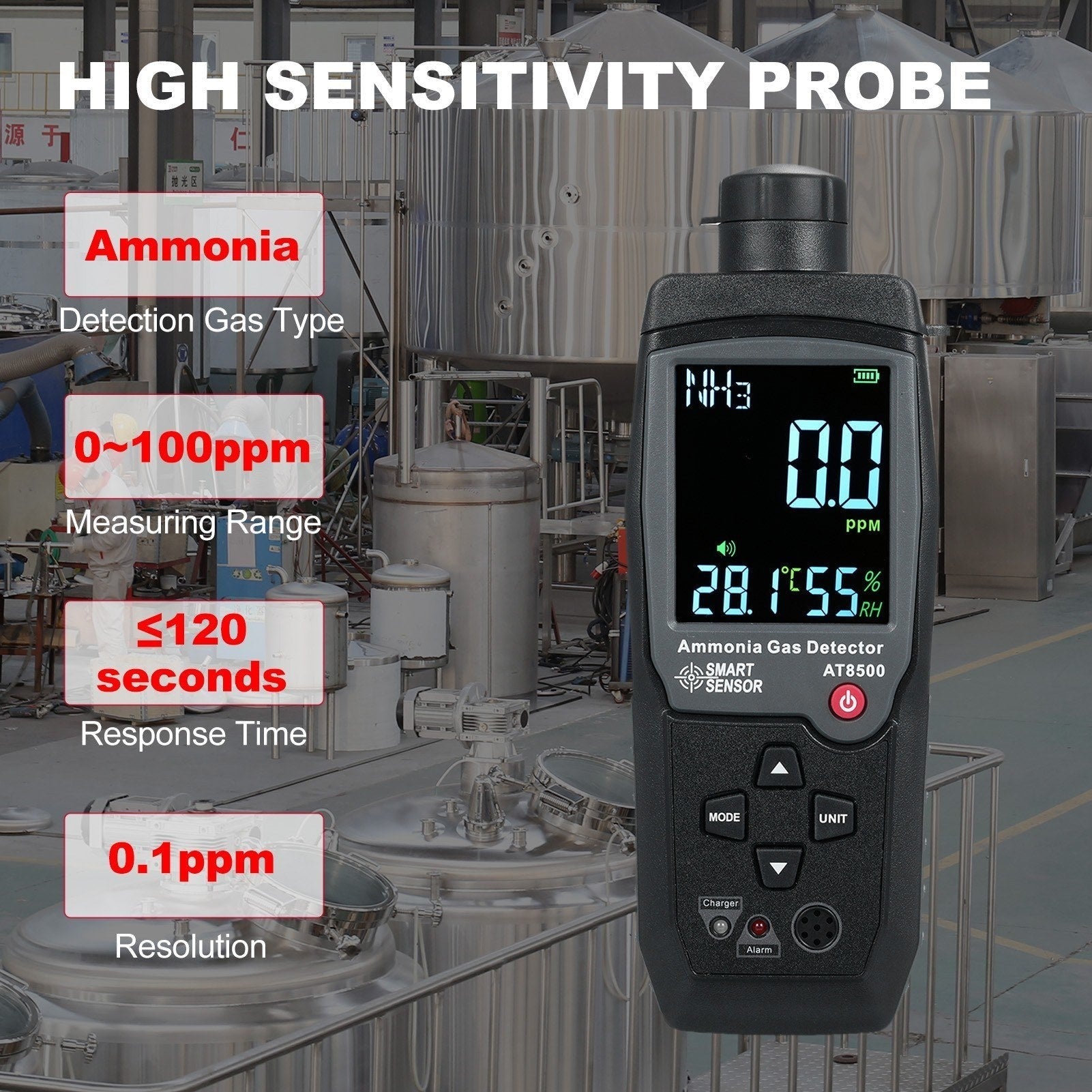 GETDECO ammonia gas detector NH3 tester with large LCD display showing real-time ammonia levels from 0-100PPM in handheld digital meter