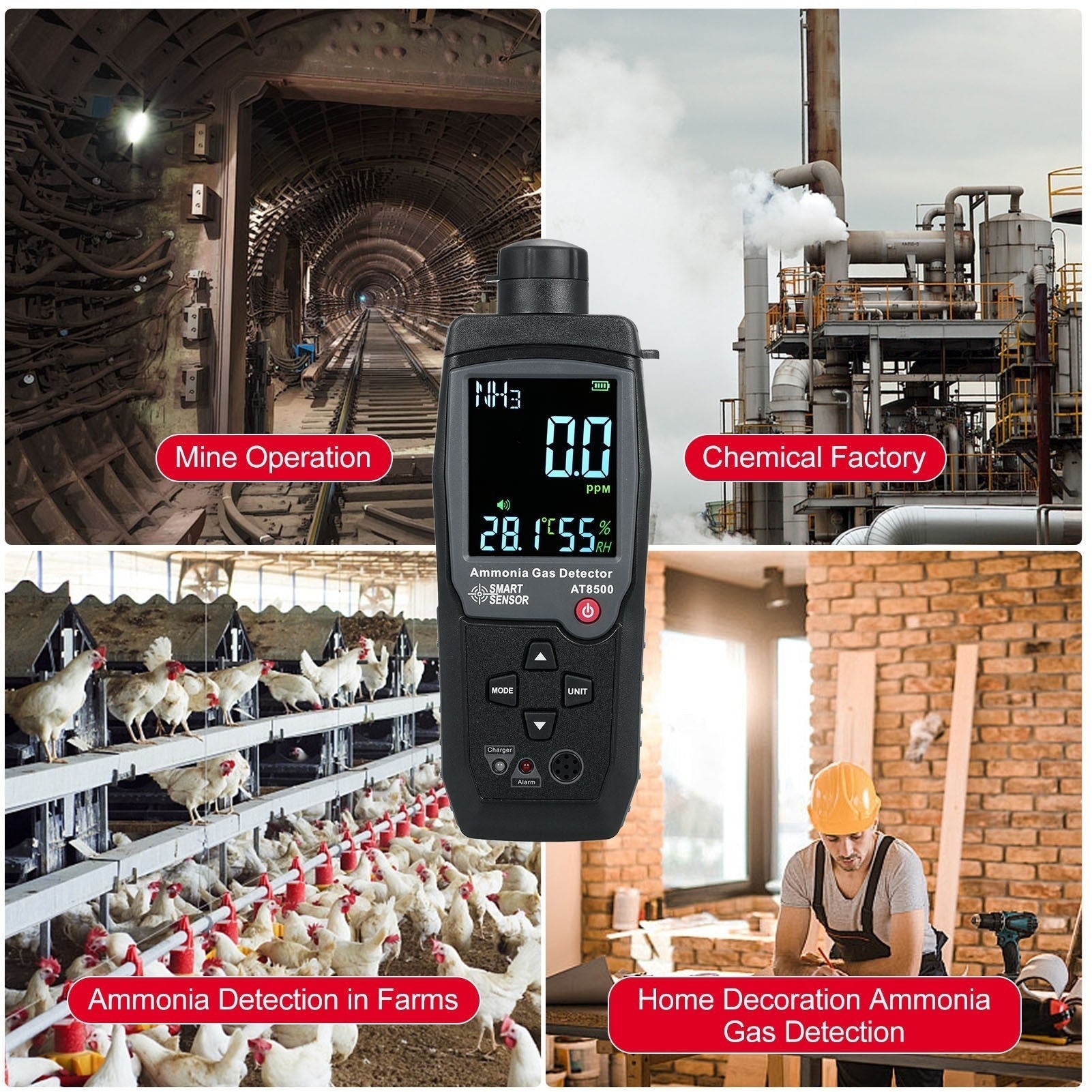 GETDECO Ammonia Gas Detector NH3 Tester with large LCD display, handheld digital meter for 0-100PPM ammonia gas detection.