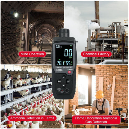 GETDECO Ammonia Gas Detector NH3 Tester with large LCD display, handheld digital meter for 0-100PPM ammonia gas detection.