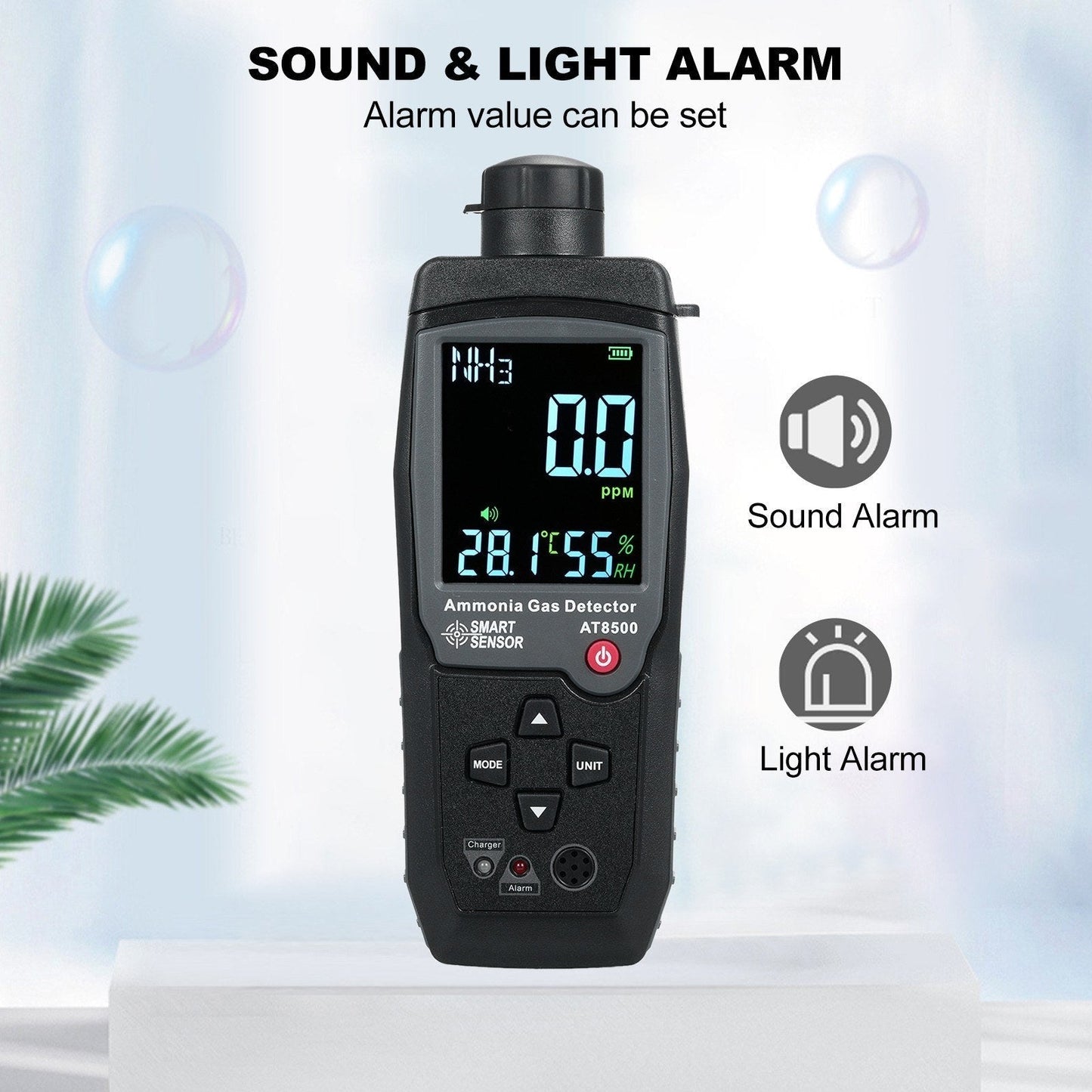 GETDECO ammonia gas detector NH3 tester with large LCD display, handheld digital meter measuring 0-100PPM for ammonia detection.