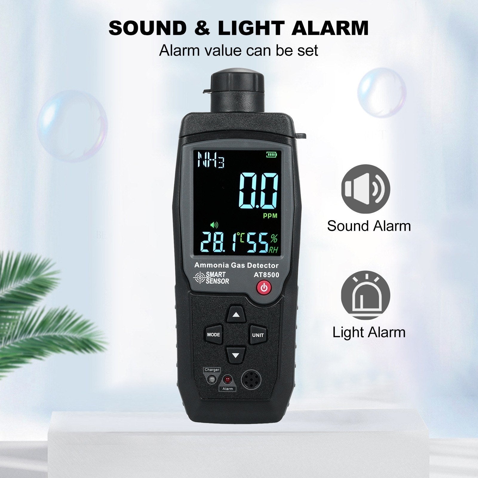 GETDECO ammonia gas detector NH3 tester with large LCD display, handheld digital meter measuring 0-100PPM for ammonia detection.