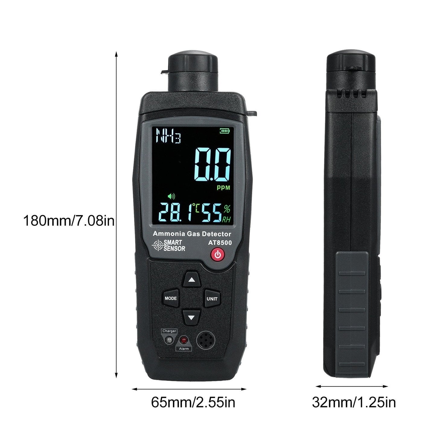 GETDECO ammonia gas detector NH3 tester with large LCD display, handheld digital meter for detecting 0-100PPM ammonia levels.