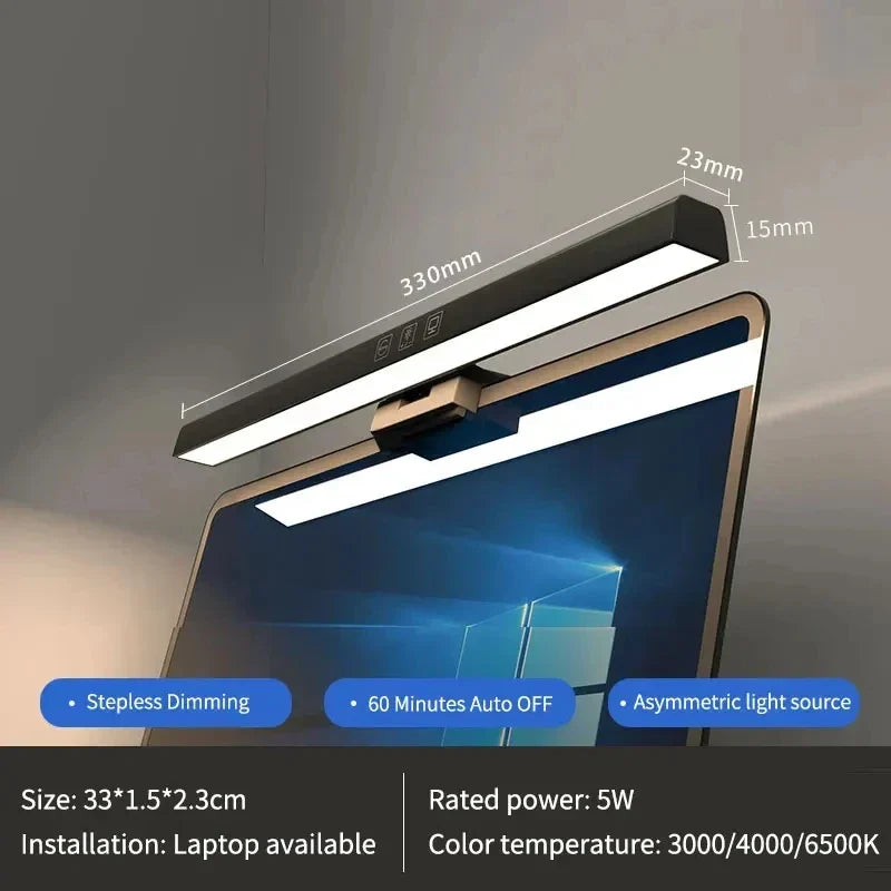 Belro LED monitor light bar attached to a computer monitor, providing adjustable backlighting for enhanced workspace lighting.