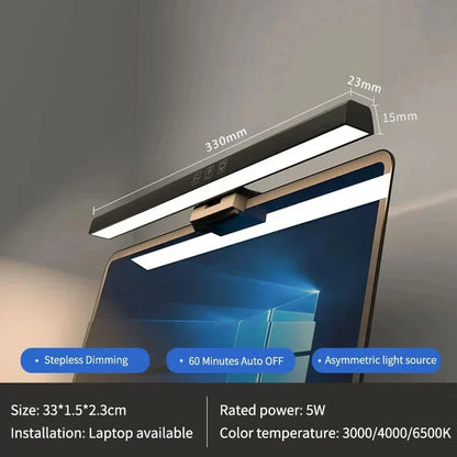 Belro LED monitor light bar attached to a computer monitor, providing adjustable backlighting for enhanced workspace lighting.