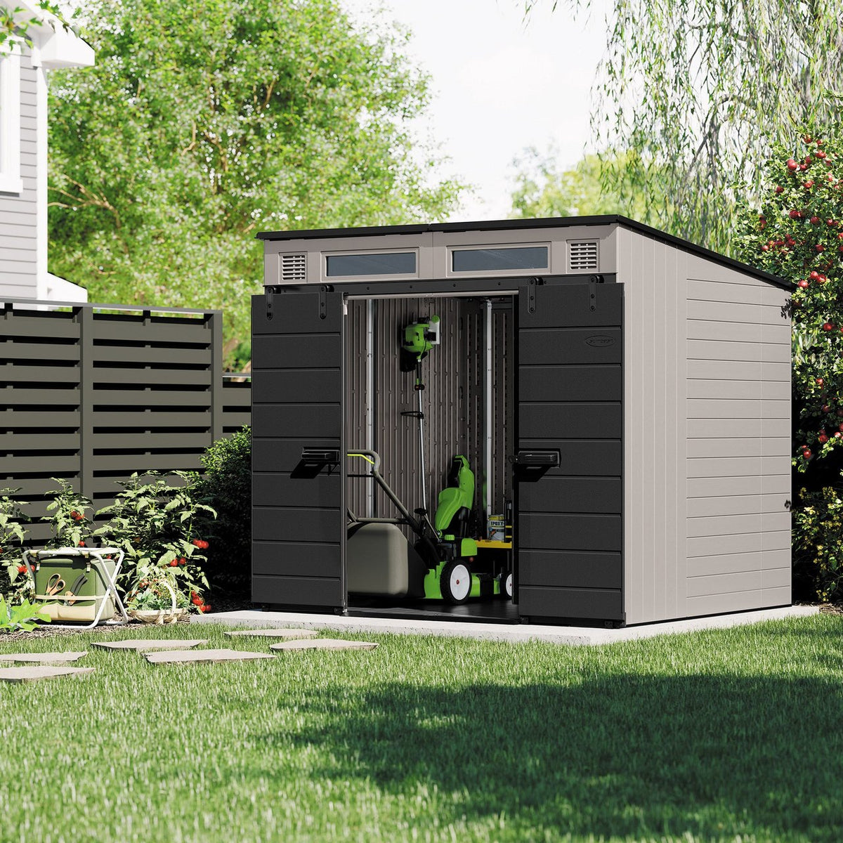 Modernist outdoor storage shed with dual barn doors, 8x7 ft., in a backyard setting, showcasing durable construction and stylish design.