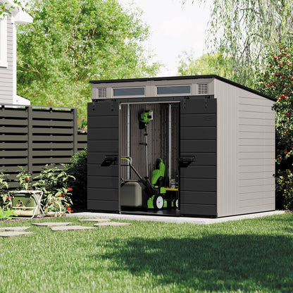Modernist outdoor storage shed with dual barn doors, 8x7 ft., in a backyard setting, showcasing durable construction and stylish design.