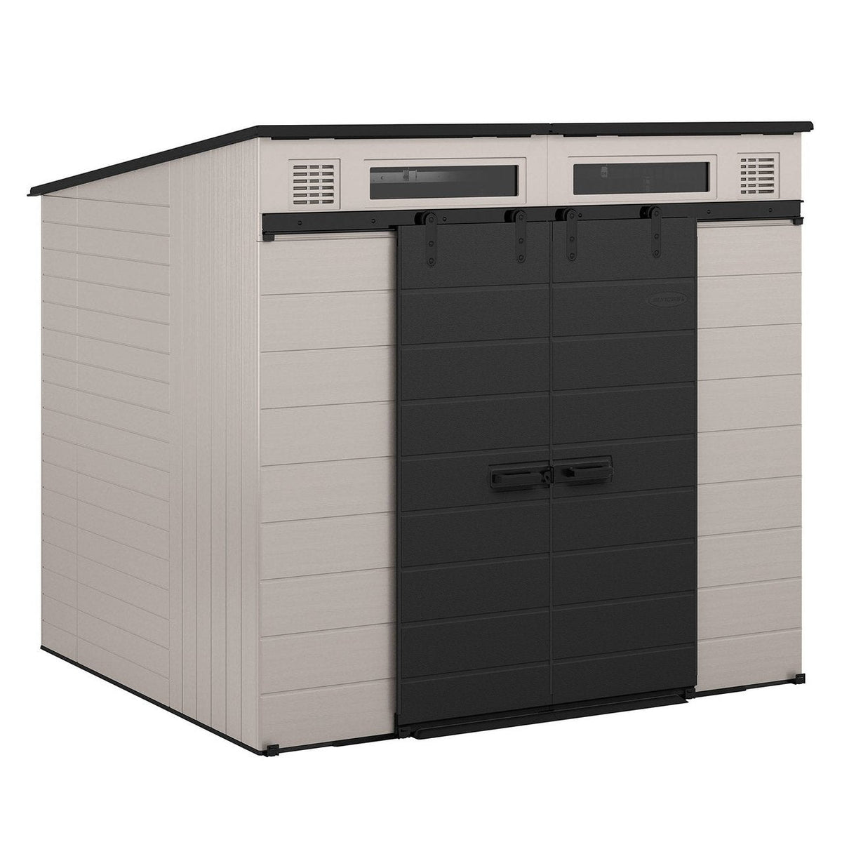 Modernist 8x7 ft. Casavibeo outdoor storage shed with dual barn doors, weather-resistant design, and spacious interior for outdoor storage.