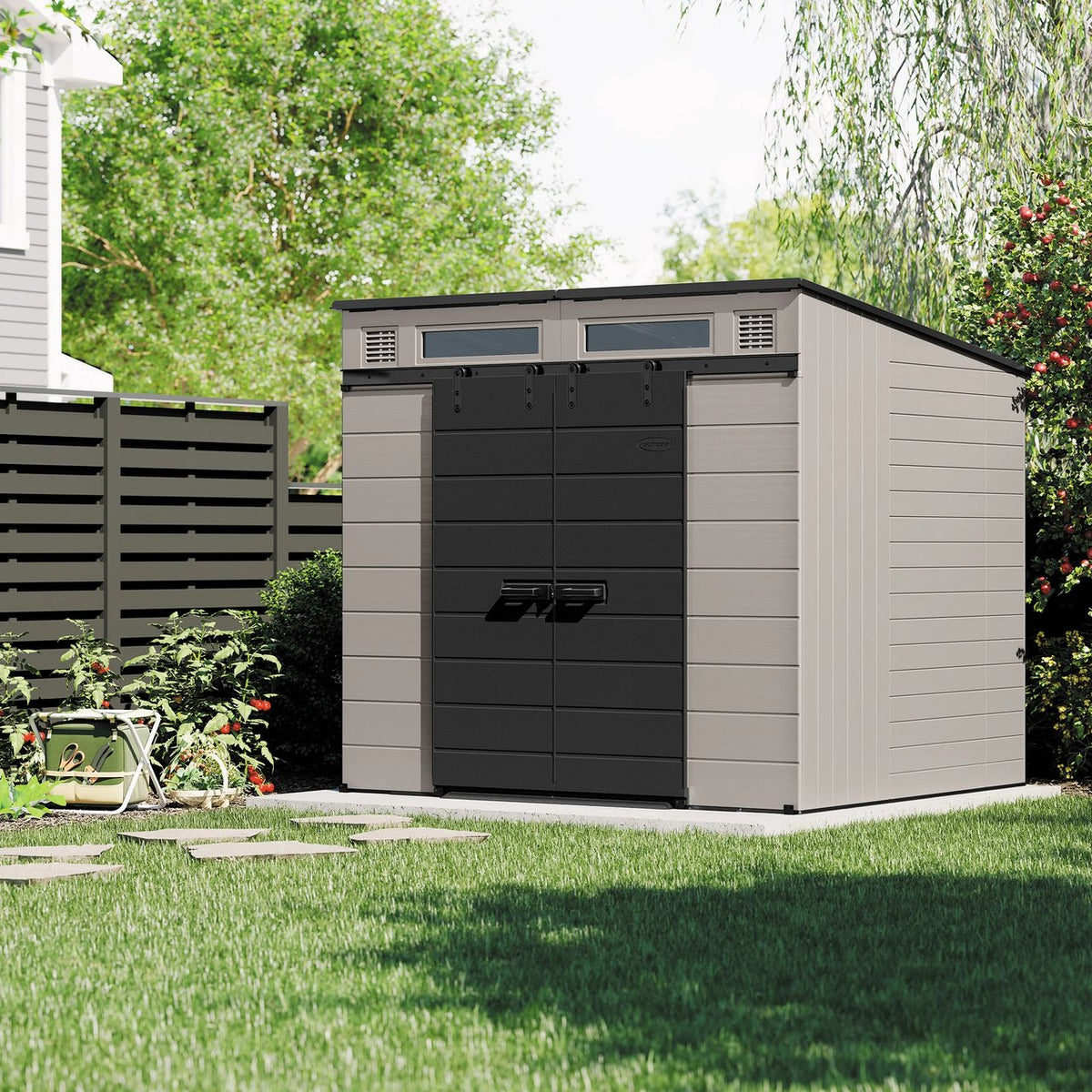 Modernist Suncast outdoor storage shed with dual barn doors, 8x7 feet, featuring a sleek design and sturdy construction.