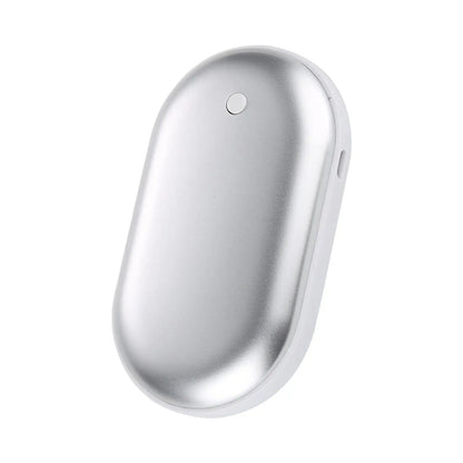 Belro USB rechargeable hand warmer in sleek silver, designed for outdoor use to keep hands warm during cold weather.