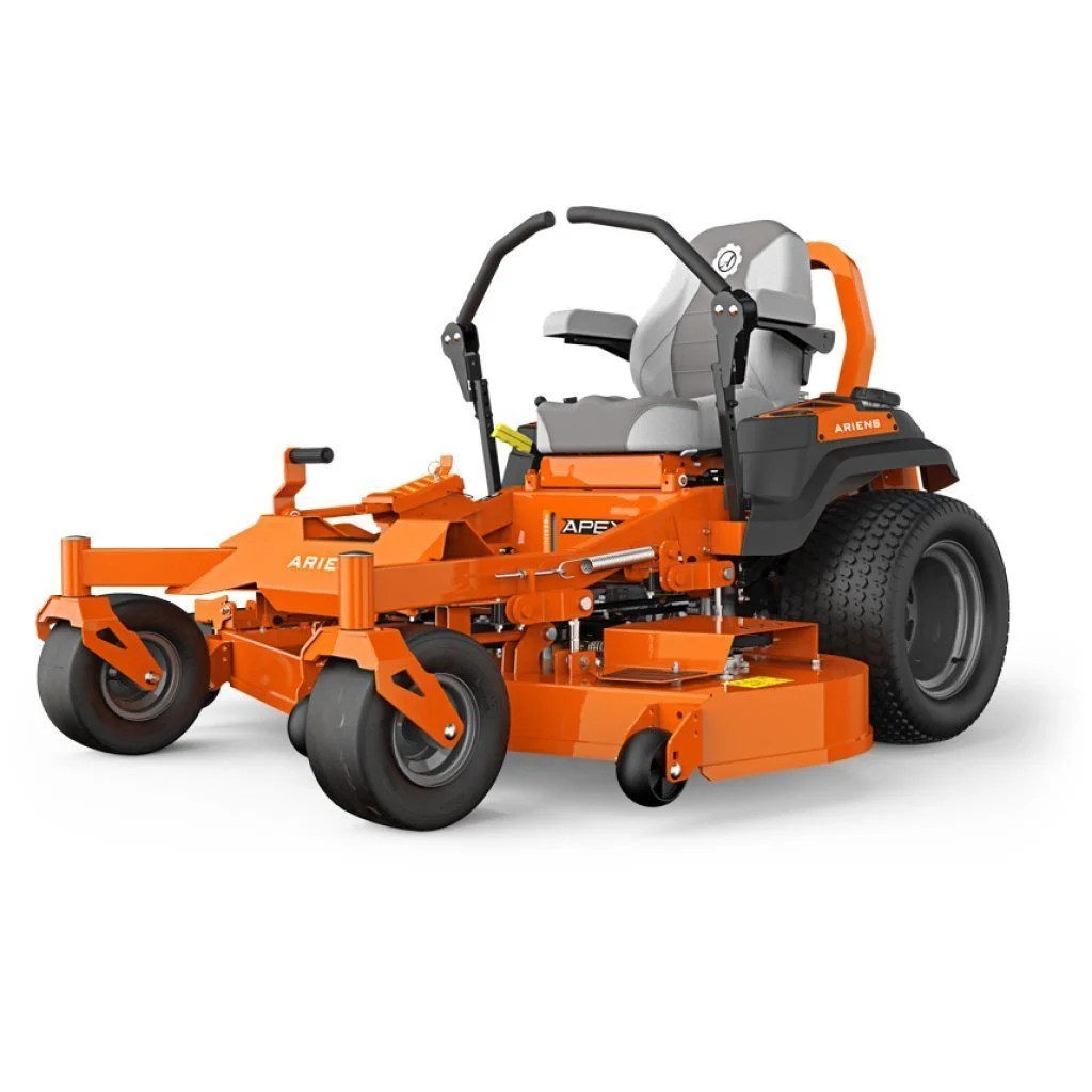 Ariens APEX 52 zero-turn lawn mower with Kawasaki engine, shown on a well-kept grass lawn, featuring a wide cutting deck and comfortable seat.