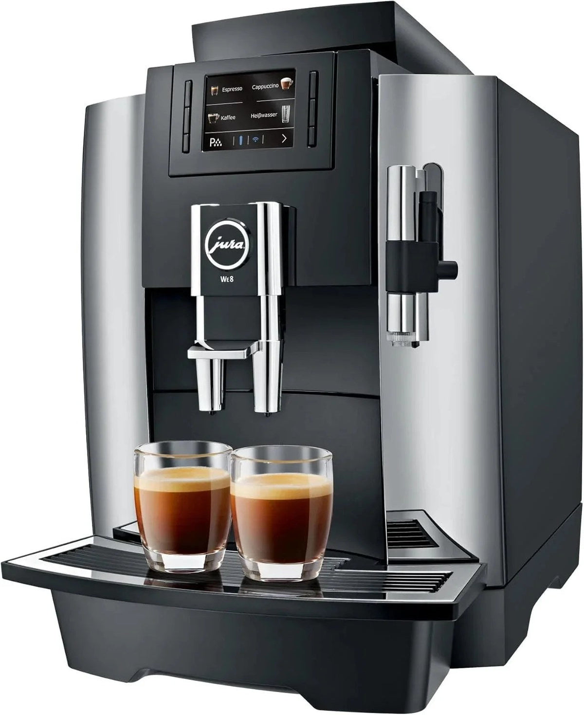 Jura WE8 professional coffee machine with sleek design and digital control panel, displayed on a countertop.