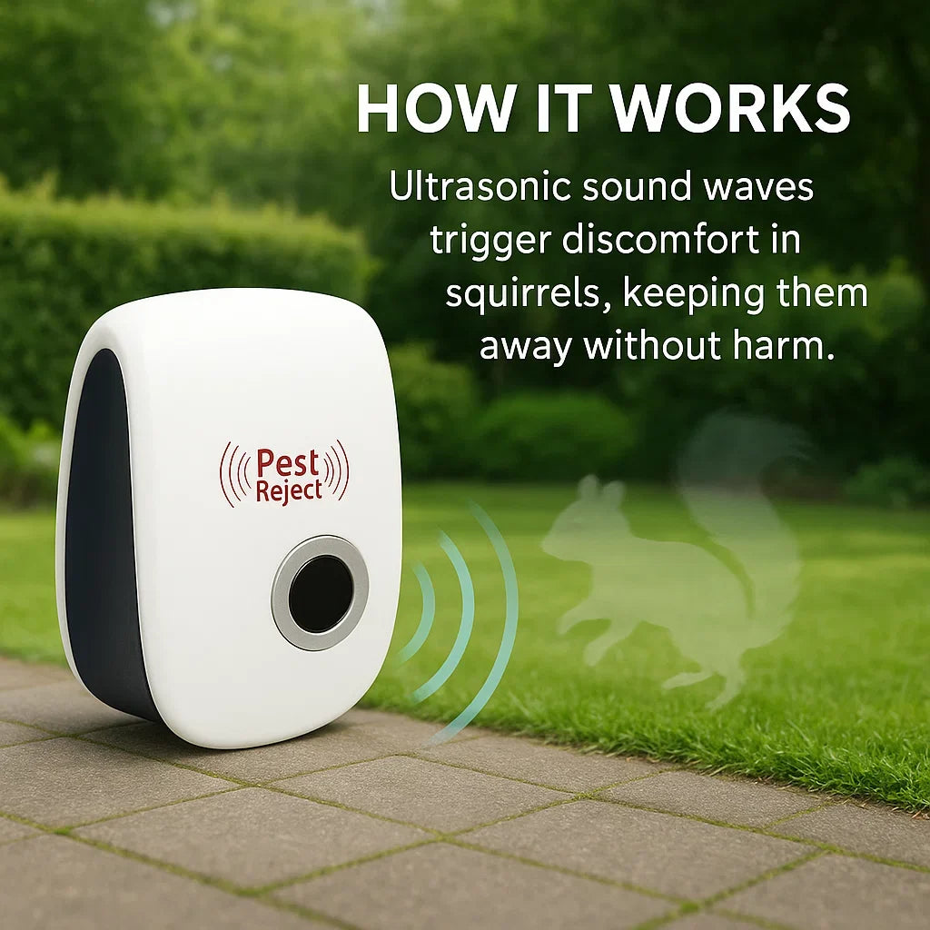 BowLift Ultrasonic Squirrel Repeller by 17geartech, solar pest control device for gardens and yards, showing the device in use.