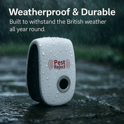 BowLift Ultrasonic Squirrel Repeller, solar pest control device for gardens and yards, showing the outdoor device installed in a garden setting.