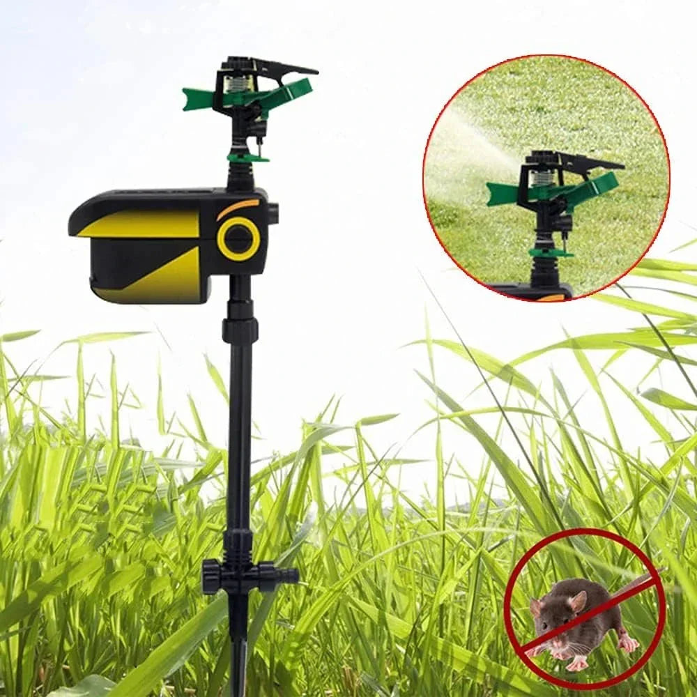 Belro motion-activated animal repellent garden sprinkler for outdoor lawn and yard pest control, with sensor and water spray.