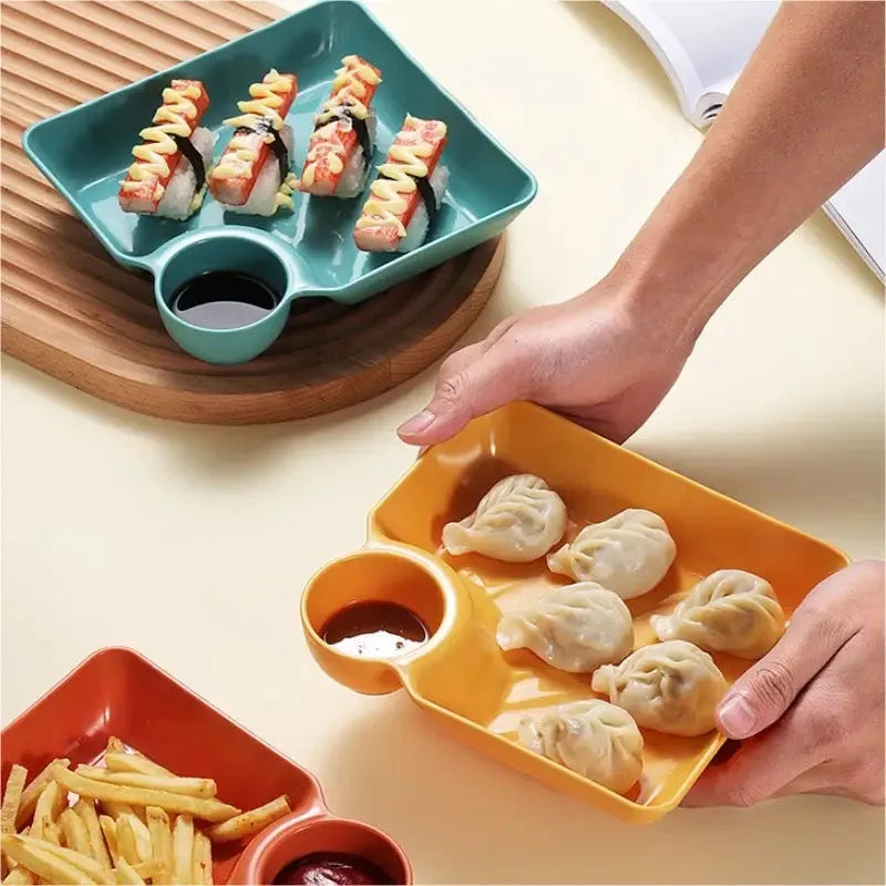 Mivoza dipping plate with sauce compartment, stackable, no-drip design for serving condiments and dips in kitchen tableware.