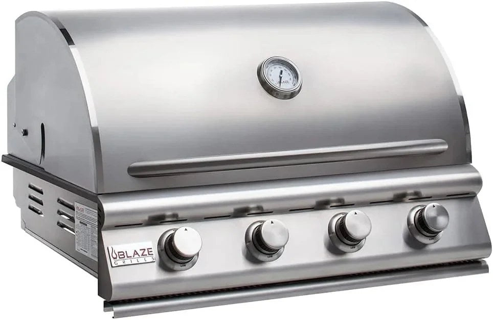 Casavibeo Blaze 32-inch 4-burner Prelude LBM gas grill with stainless steel finish and multiple burners for outdoor cooking.