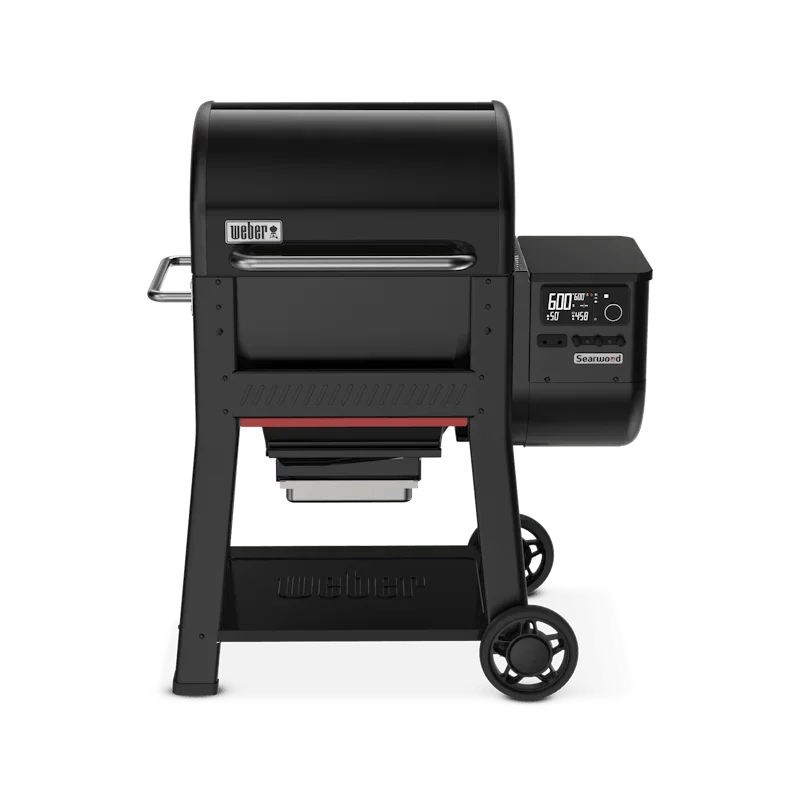 Casavibeo Weber Grills Searwood 600 Pellet Smoker with digital controls and stainless steel construction, shown in a modern outdoor setting.