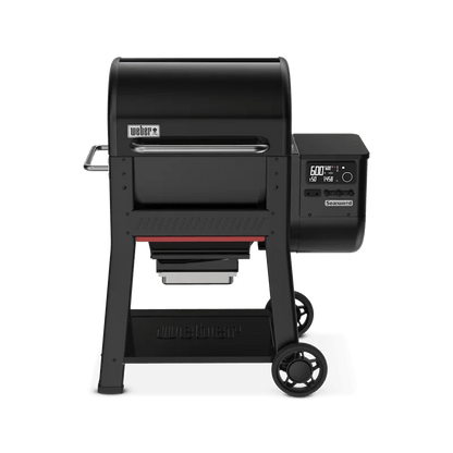 Casavibeo Weber Searwood 600 Pellet Grill with stainless steel construction and digital control panel, shown with cooking grates.