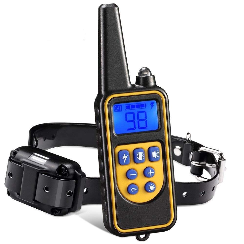 Belro electric dog training collar with 800M range, electronic device for behavior correction, shown on a dog.