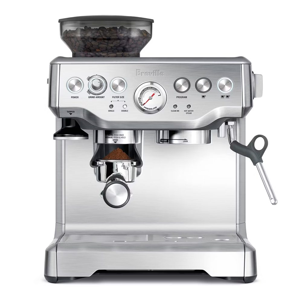 Casavibeo Breville Stainless Steel Barista Express Espresso Machine with milk frother and built-in grinder, silver finish.