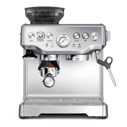 Casavibeo Breville Stainless Steel Barista Express Espresso Machine with milk frother and built-in grinder, silver finish.