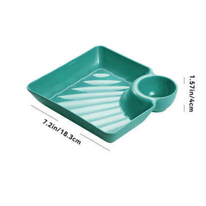 Mivoza dipping plate with sauce compartment, stackable, no-drip design for serving condiments and appetizers in kitchen tableware.
