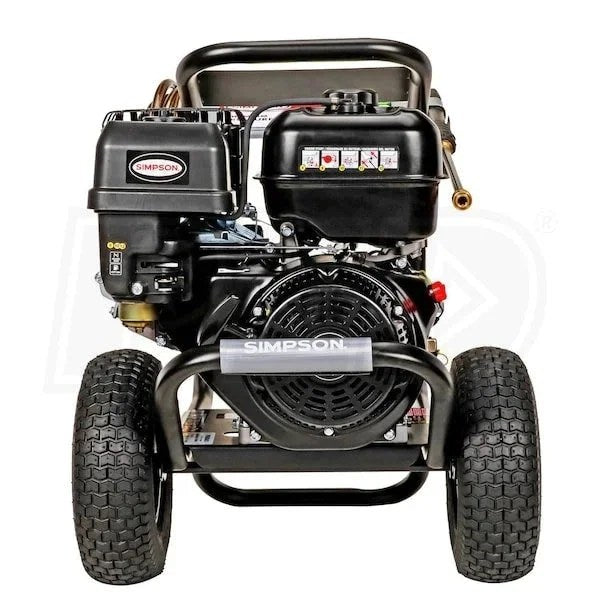 Casavibeo Simpson PowerShot 4400 PSI pressure washer with 4.0 GPM, shown in use with high-pressure spray and cleaning surface.
