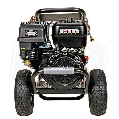 Casavibeo Simpson PowerShot 4400 PSI pressure washer with 4.0 GPM, shown in use with high-pressure spray and cleaning surface.