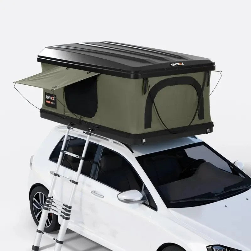 Casavibeo TentBox Classic 2.0 roof top tent mounted on a vehicle, showcasing its sturdy fabric and elevated sleeping platform.