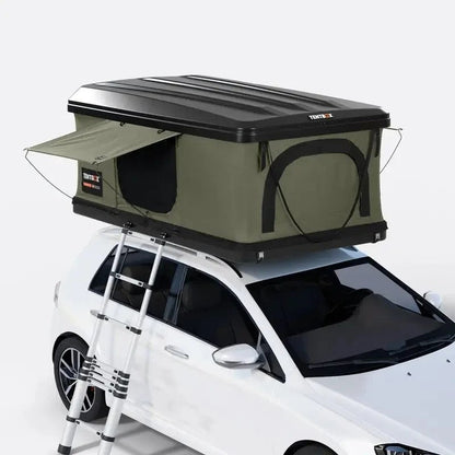 Casavibeo TentBox Classic 2.0 roof top tent mounted on a vehicle, showcasing its sturdy fabric and elevated sleeping platform.
