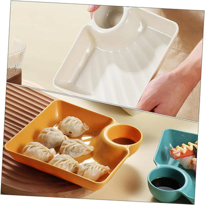 Mivoza dipping plate with sauce compartment, stackable no-drip design, for serving condiments and sauces at the dining table.