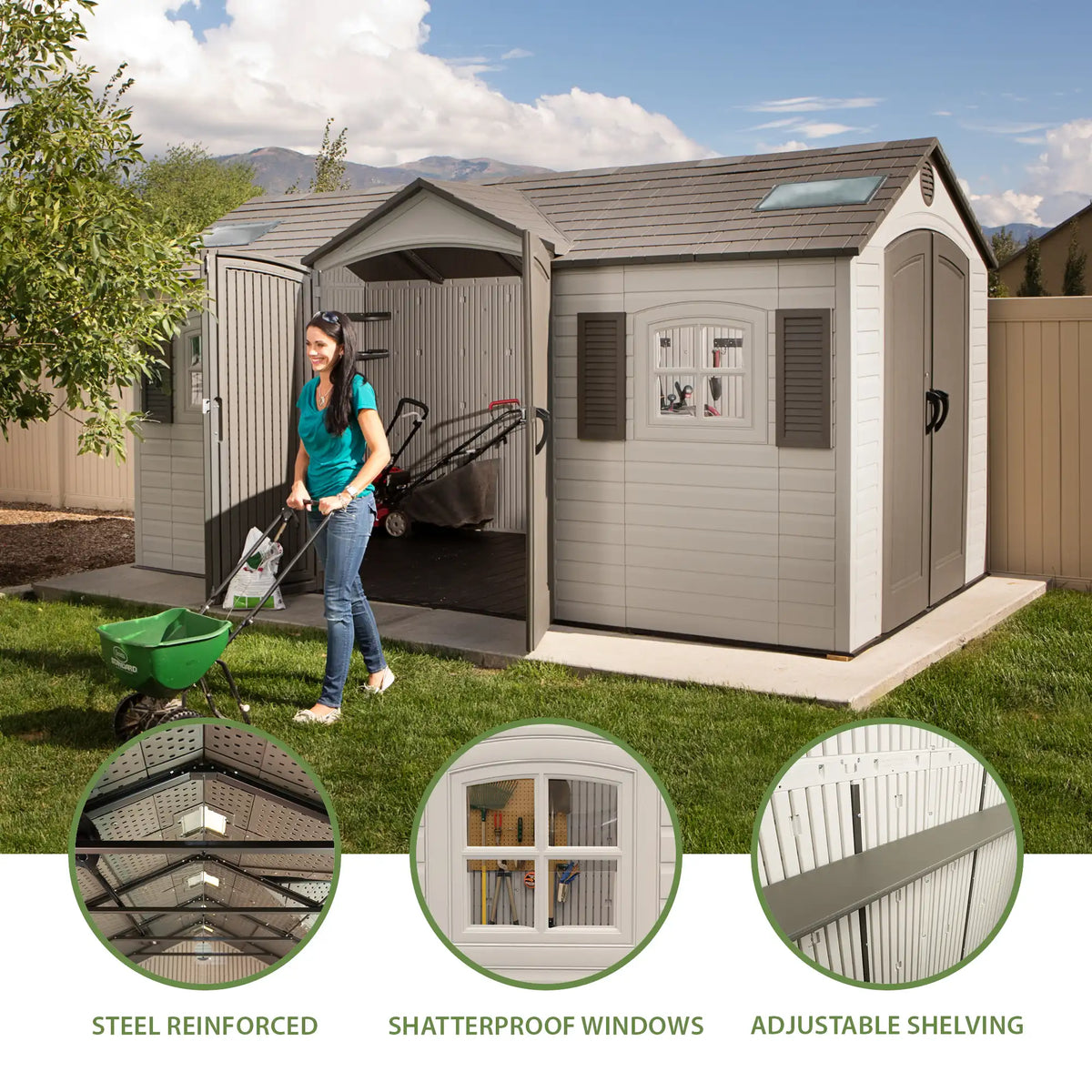 Casavibeo Lifetime 60079 15x8 ft. dual-entry outdoor storage shed in desert sand with double doors and sturdy construction
