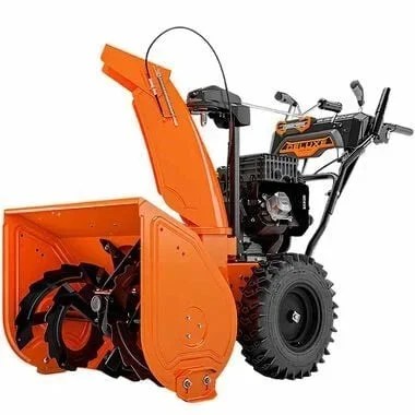 Casavibeo Ariens Deluxe 28-inch two-stage snow blower with large intake, sturdy auger, and durable housing for effective snow clearing.