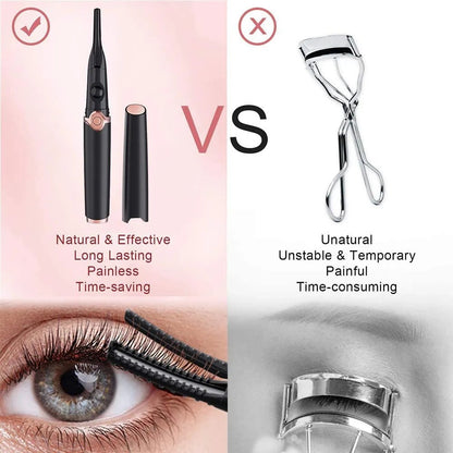 Belro rechargeable heated eyelash curler with black handle and curling pad for easy, gentle eyelash styling in beauty makeup.