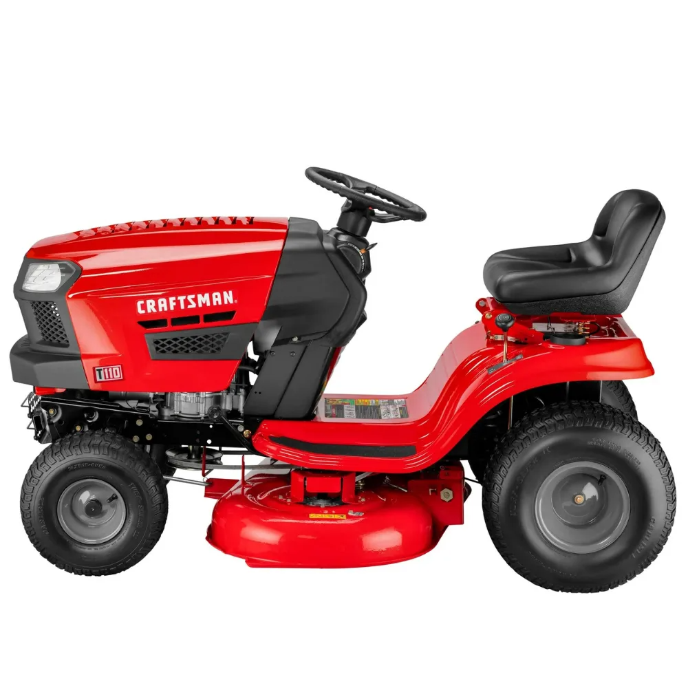 Craftsman T110 42-inch riding mower with 17.5 HP Briggs and Stratton engine and 7-speed transmission parked outdoors.