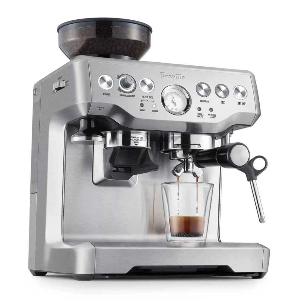 Casavibeo Breville Stainless Steel Barista Express espresso machine with 15 bars pressure, milk frother, and built-in grinder