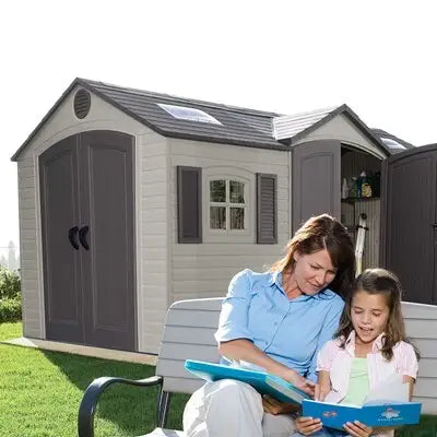 Casavibeo Lifetime 60079 15 ft. x 8 ft. outdoor storage shed with dual entry doors in desert sand, showing its spacious design.
