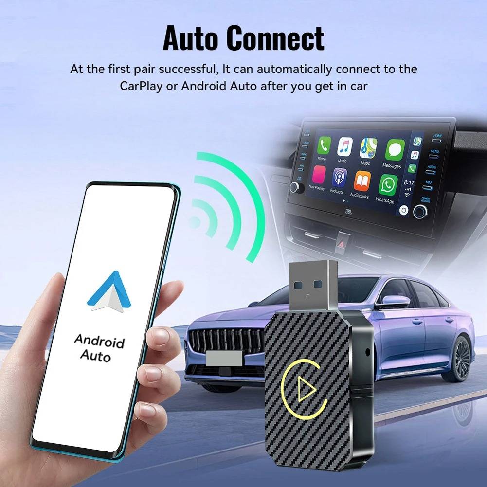 Belro Wireless CarPlay adapter connected to car dashboard, compact electronic device for seamless wireless smartphone integration.