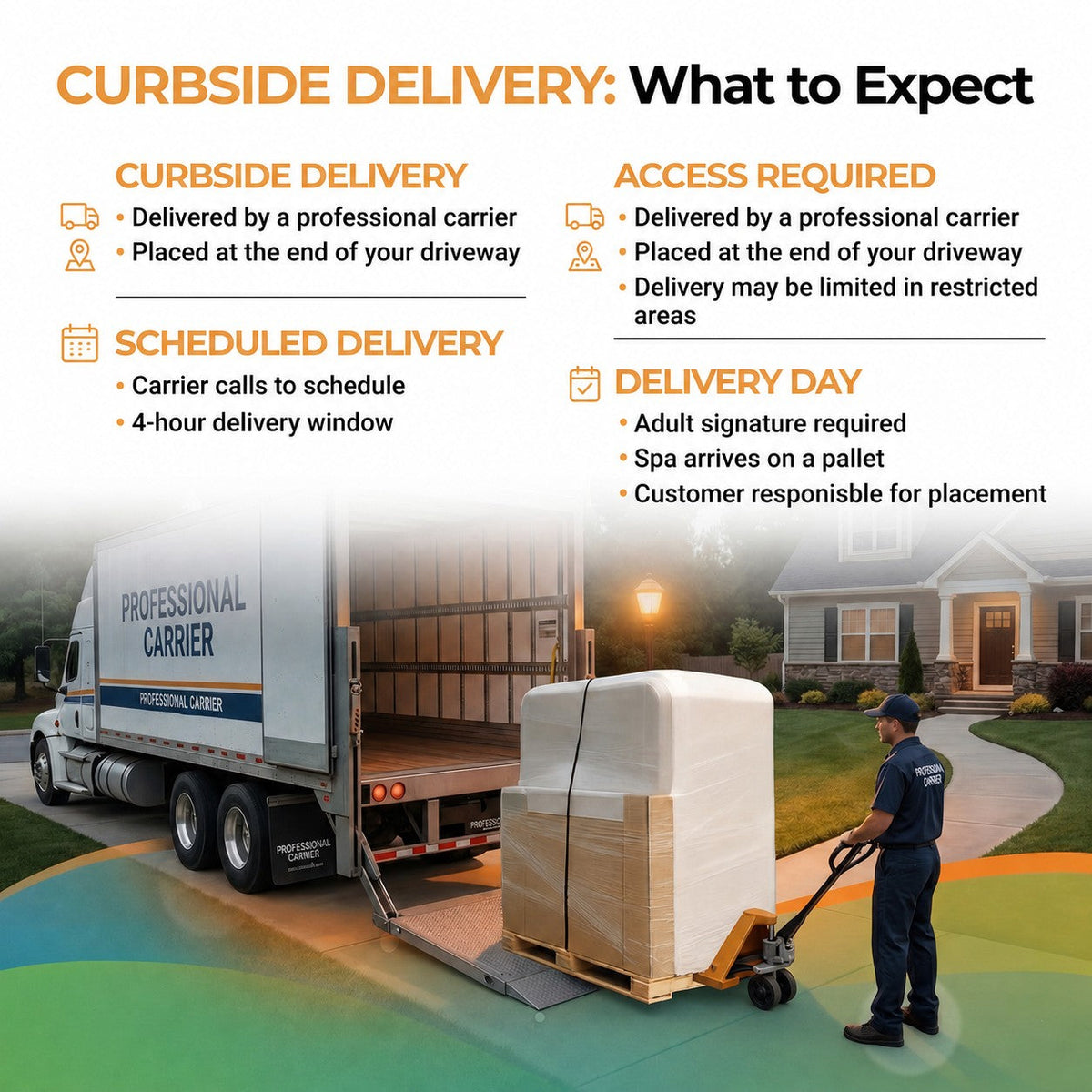 Lifesmart Leganza 6-person spa with 90 jets and lounge seating, featuring exterior infographic with curbside delivery details