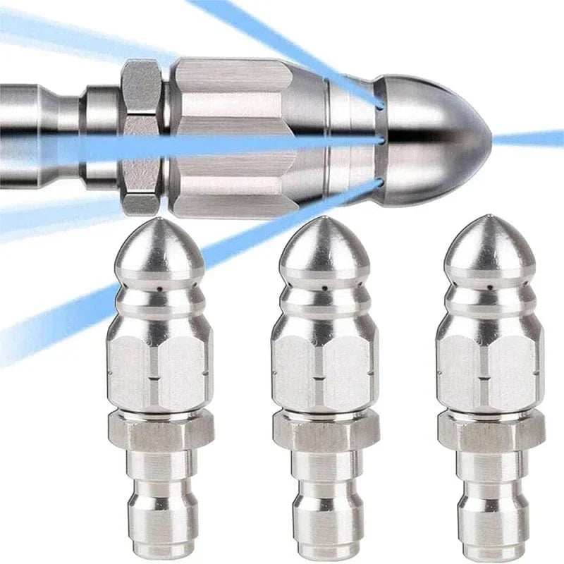 Belro pressure washer sewer jetter nozzle with 1/4" quick connector, designed for cleaning drains and sewer lines.