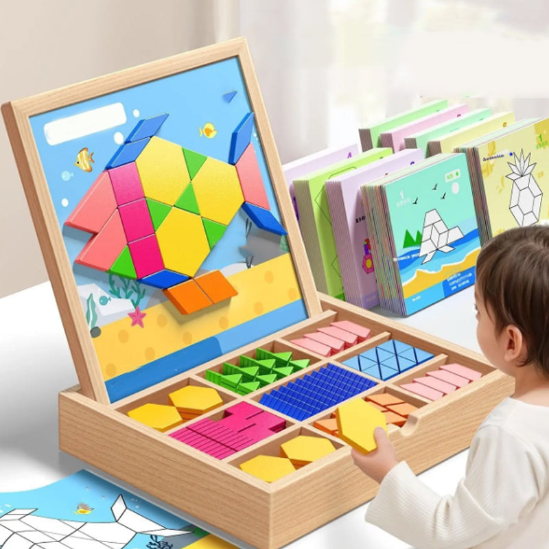 Mivoza magnetic wooden building blocks with pattern cards, educational and creative toy for kids, featuring colorful magnetic pieces.