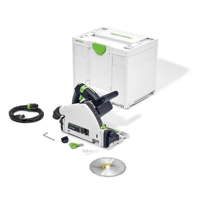 Casavibeo Festool plunge cut track saw TS 55 FEQ-F-Plus with guide rail and safety features, ready for precise woodworking cuts.