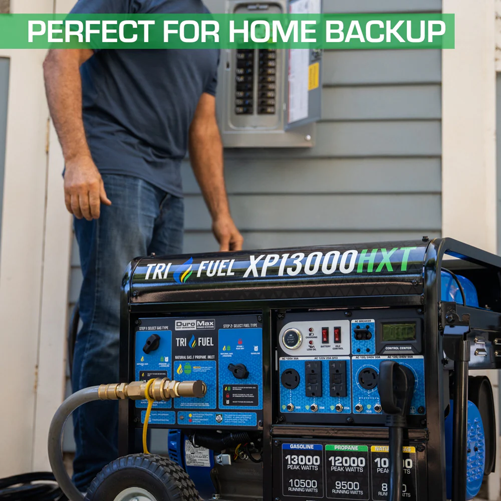 DuroMax XP13000HXT tri-fuel generator with remote start, gasoline, propane, and natural gas options, safety CO alert, new.
