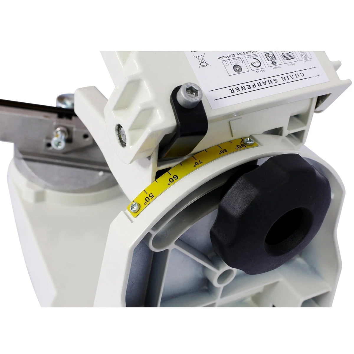 Casavibeo professional multi-angle chainsaw sharpener with adjustable chain grinder on a bench, 120V power supply.