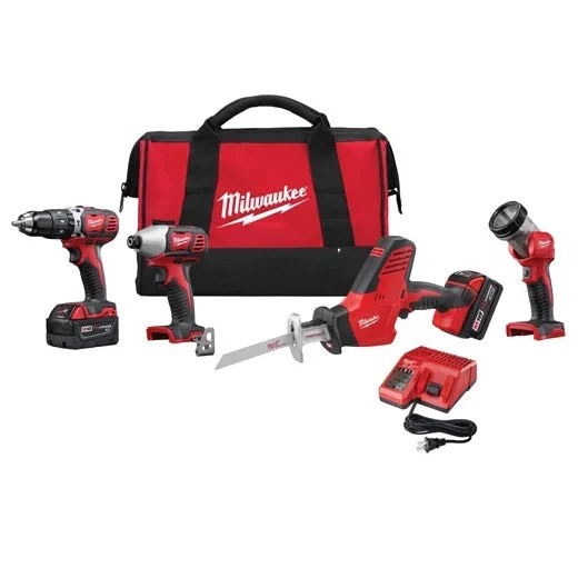 Casavibeo M18™ Cordless Lithium-Ion 4-Tool Combo Kit with drill, saw, impact driver, and flashlight arranged on a workbench.
