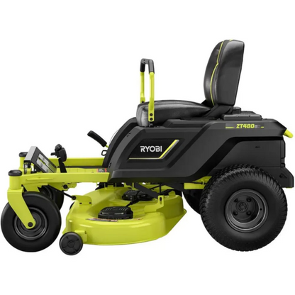 RYOBI 42-inch 100 Ah battery-powered electric riding zero-turn mower with Casavibeo branding, shown outdoors on a lawn