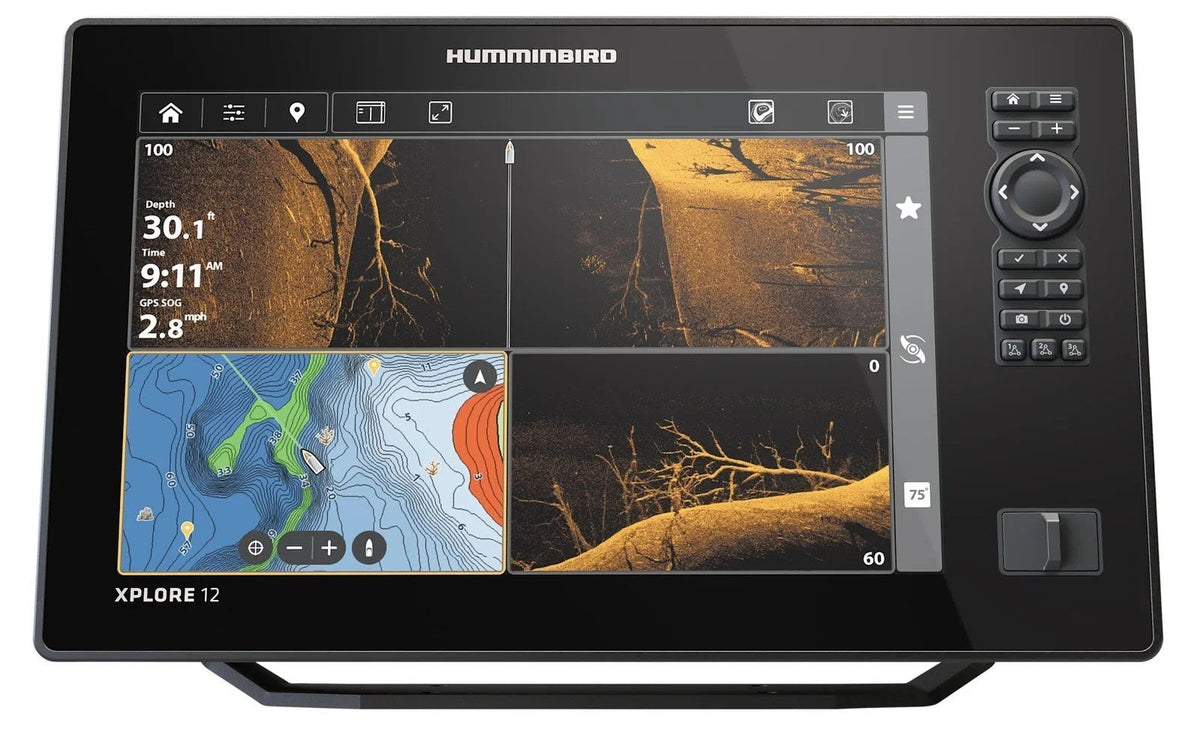 Humminbird XPLORE 12 CMSI+ CHIRP MEGA SI fish finder and chartplotter displaying sonar readings on the screen