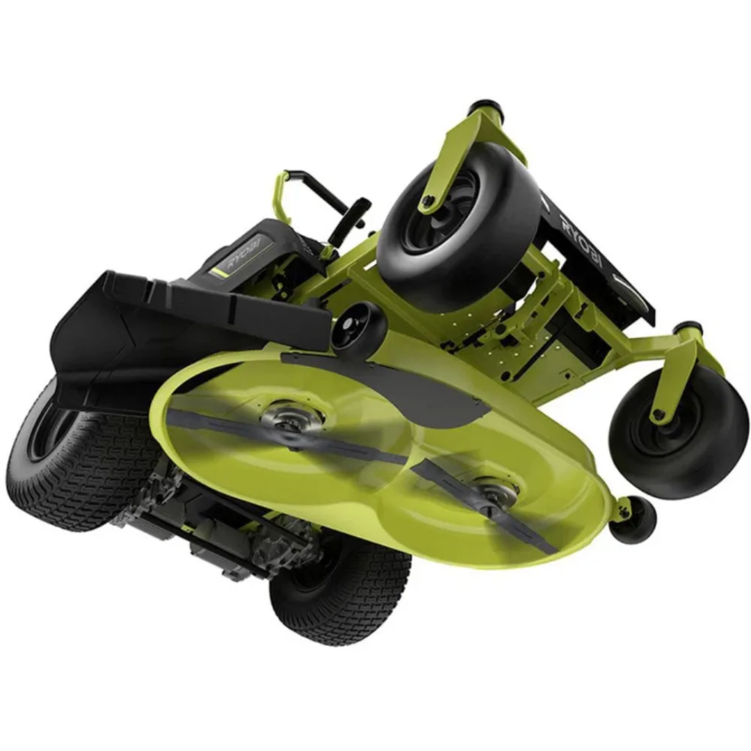 Casavibeo RYOBI 42-inch electric riding zero-turn mower with 100 Ah battery, shown on a grassy lawn.
