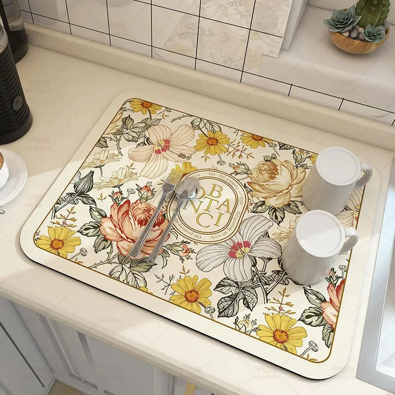 Belro super absorbent dish drying mat on kitchen countertop, featuring a soft, textured surface for drying dishes and utensils.