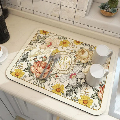 Belro super absorbent dish drying mat on kitchen countertop, featuring a soft, textured surface for drying dishes and utensils.